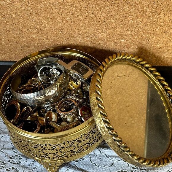 Vintage Mirrored Trinket Dish Filled with Jewelry - Picture 3 of 8